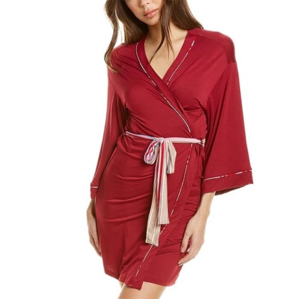 Hale Bob Organic Soft Bamboo Women's Red Satin Robe With Contrasting Stripe Belt